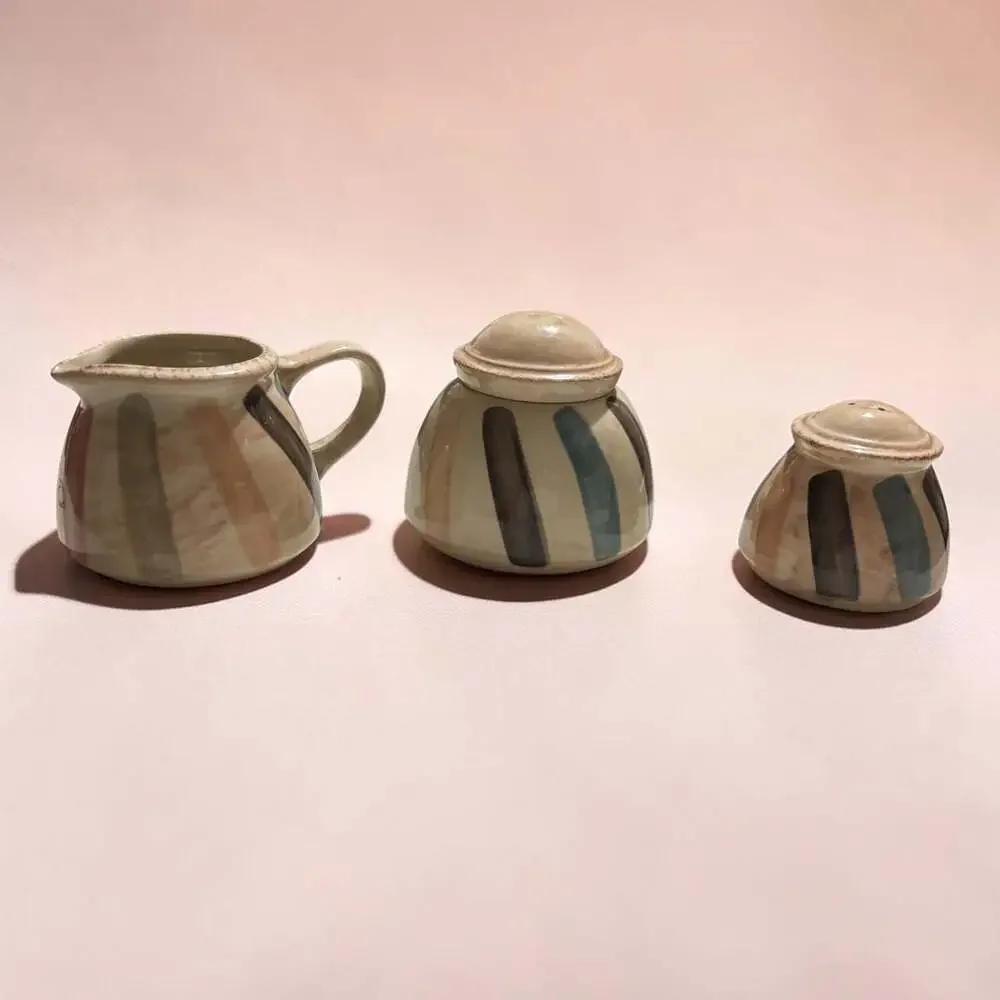 Bloomingville Allium Ceramic Sugar Bowl, Cream Pitcher, and Salt Shaker Set